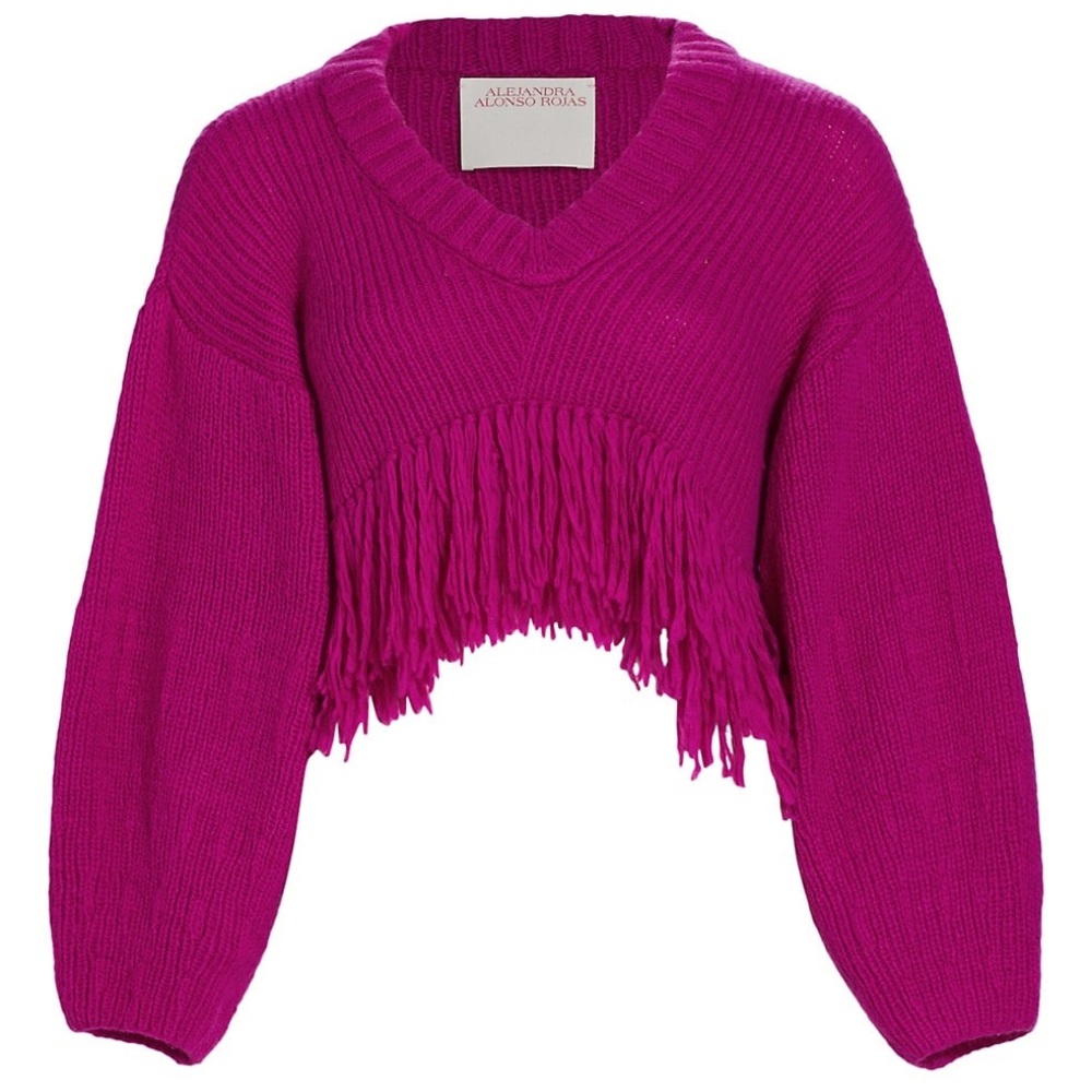 Alejandra Alonso Rojas. Cashmere Wool Blend Vee Neck Sweater w/ Fringe. Cropped.